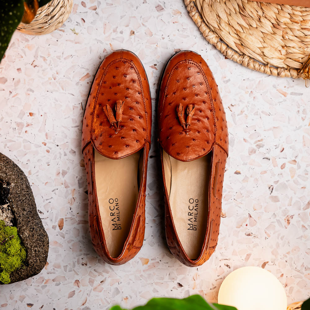 Marco Di Milano Aubiere Ostrich Quill Tassel Loafers Cognac