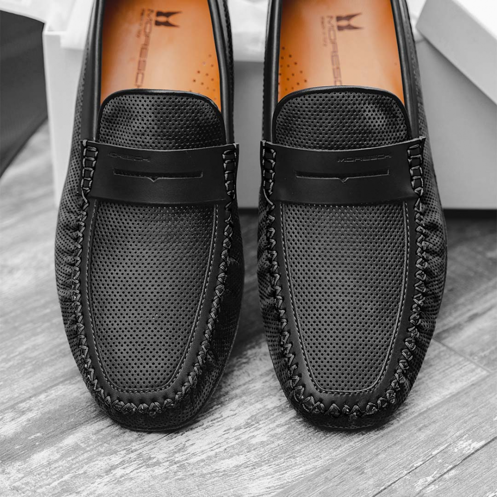 Moreschi Bahamas Perforated Nubuck Driving Loafers Black