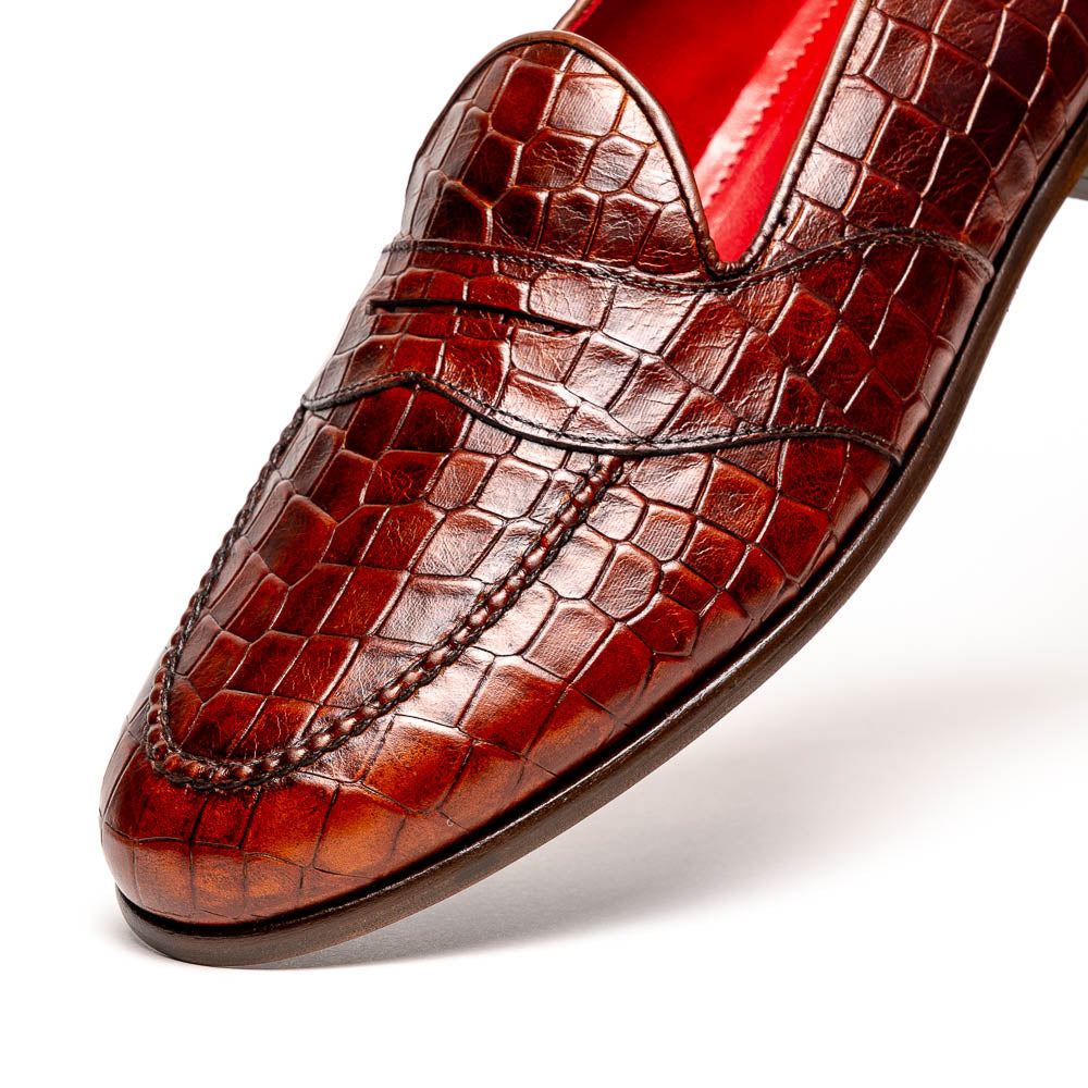 Alan Payne Barney II Crocodile Embossed Loafers Brandy