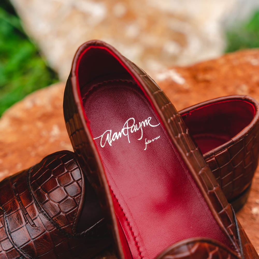 Alan Payne Barney II Crocodile Embossed Loafers Brandy