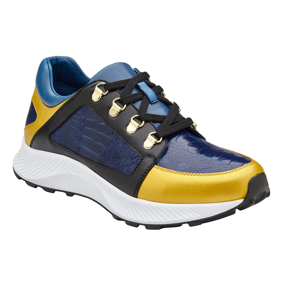 Belvedere Adam Genuine Ostrich / Soft Italian Calfskin Sneakers Gold/Electric Blue/ Black