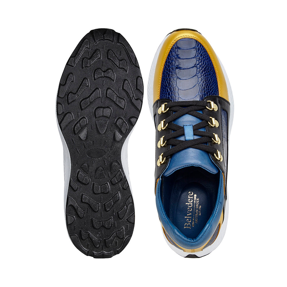 Belvedere Adam Genuine Ostrich / Soft Italian Calfskin Sneakers Gold/Electric Blue/ Black