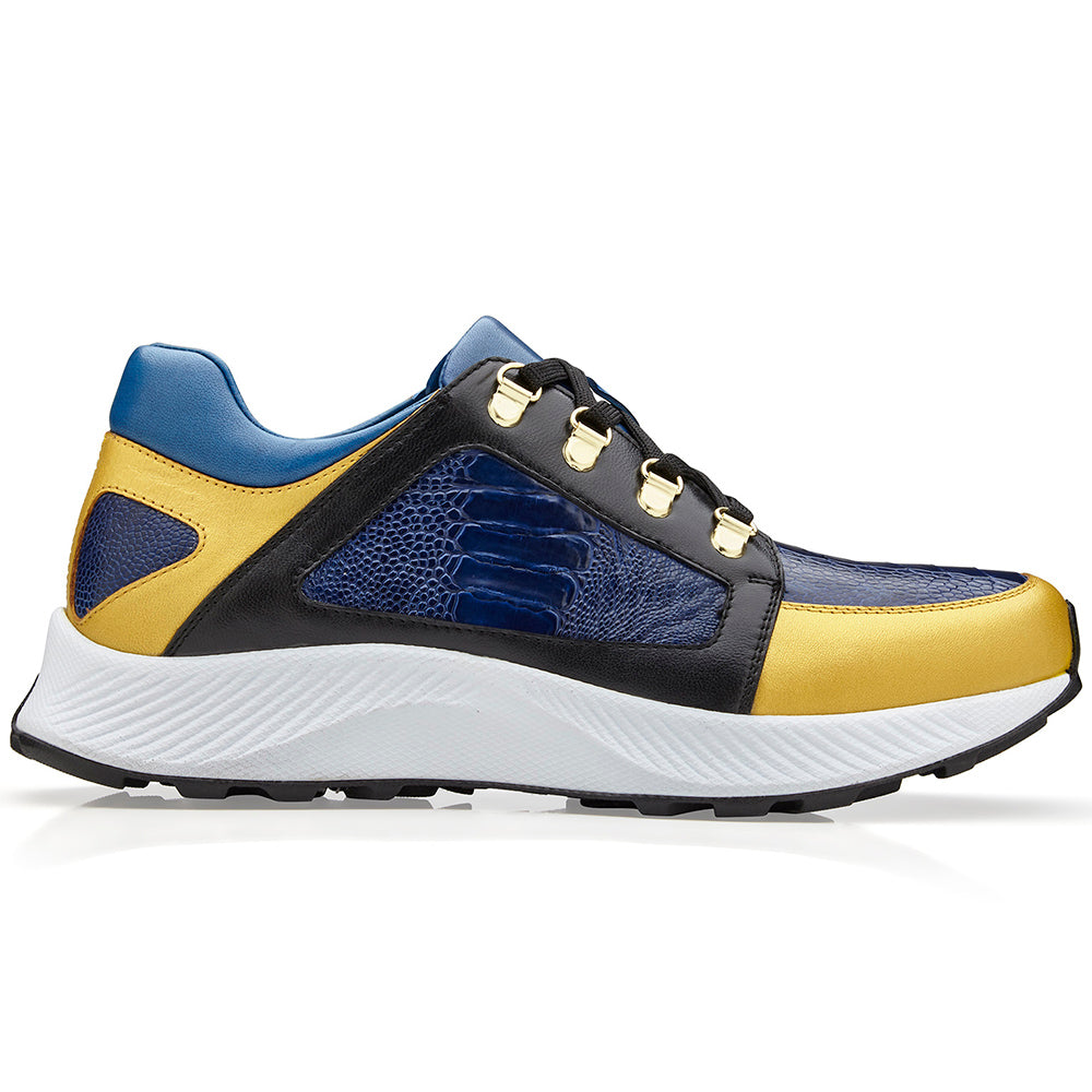 Belvedere Adam Genuine Ostrich / Soft Italian Calfskin Sneakers Gold/Electric Blue/ Black