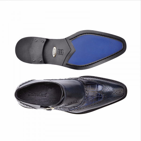 Belvedere Aldo Alligator & Calfskin Wingtip Monk Strap Shoes Antique Navy