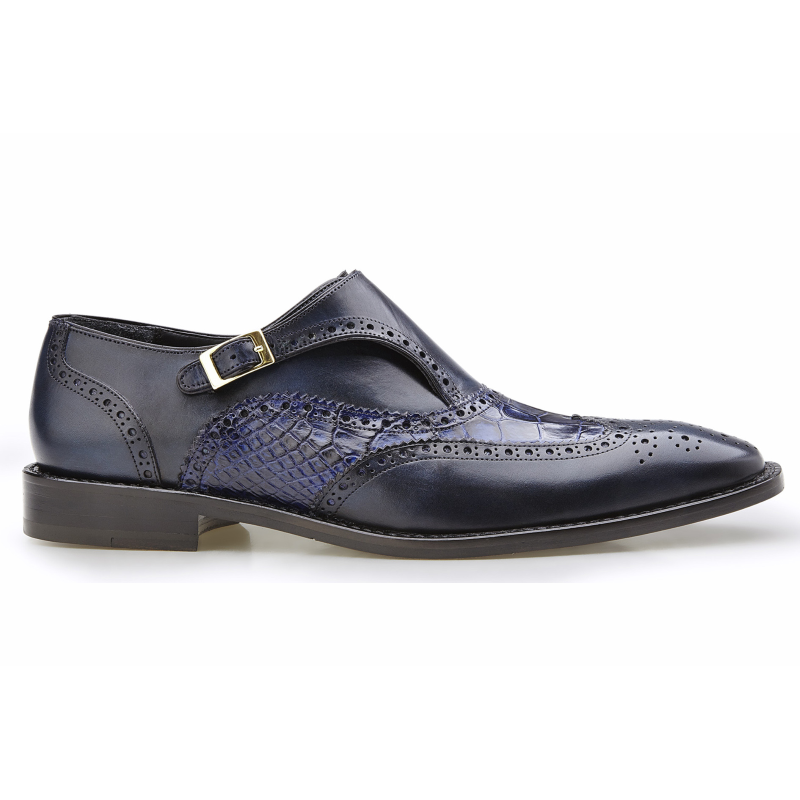 Belvedere Aldo Alligator & Calfskin Wingtip Monk Strap Shoes Antique Navy