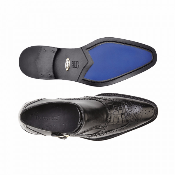 Belvedere Aldo Alligator & Calfskin Wingtip Monk Strap Shoes Black