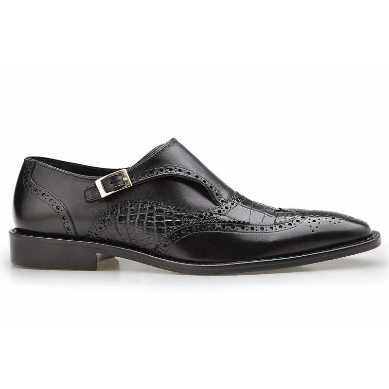 Belvedere Aldo Alligator & Calfskin Wingtip Monk Strap Shoes Black