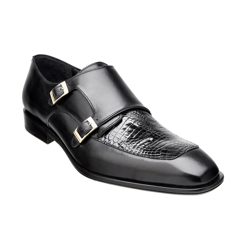 Belvedere Alvaro Alligator & Calfskin Double Monk Strap Shoes Black