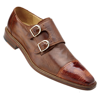 Belvedere Amico Calfskin & Ostrich Double Monk Strap Shoes Brandy / Almond