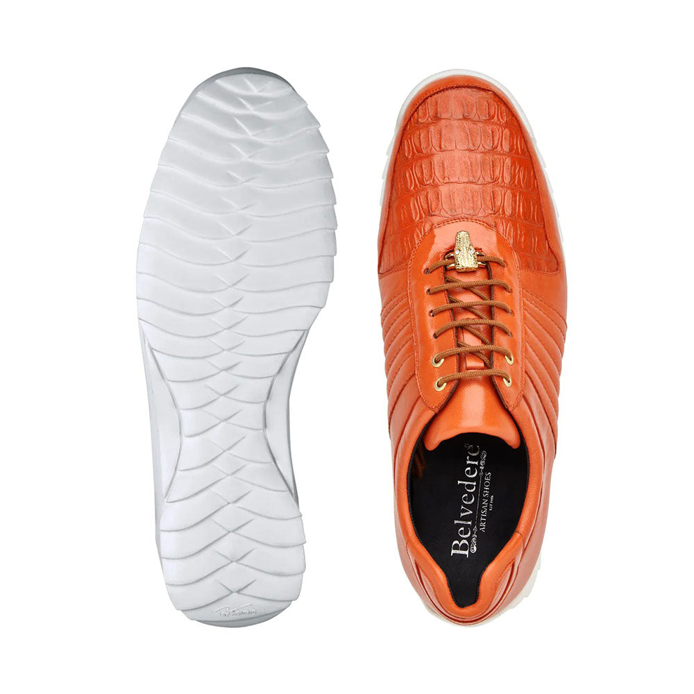 Belvedere Astor Genuine Hornback Caiman Crocodile / Calfskin Sneakers Orange Size 8 (33599)