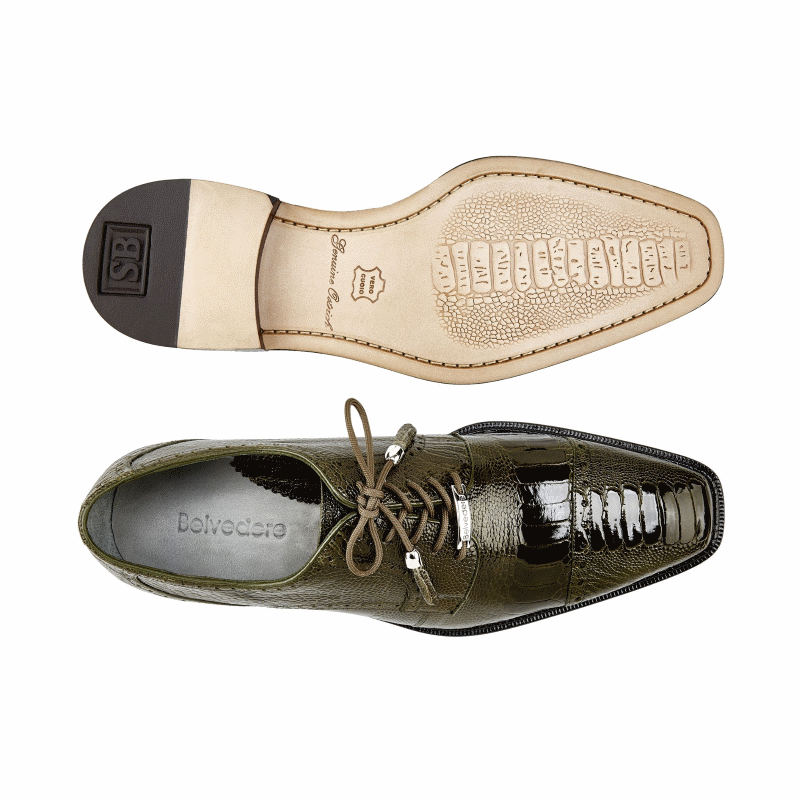 Belvedere Batta Ostrich Leg Cap Toe Shoes Olive (14006)