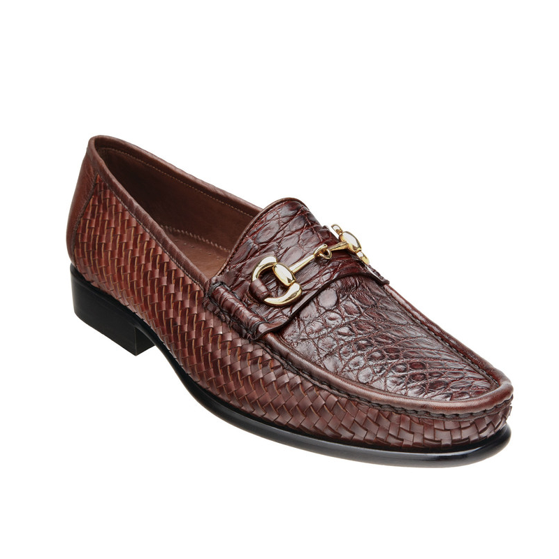 Belvedere Beltramo Woven & Crocodile Bit Loafers Antique Cognac