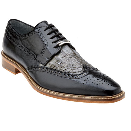 Belvedere Ciro Calfskin & Crocodile Wingtip Shoes Black / Gray