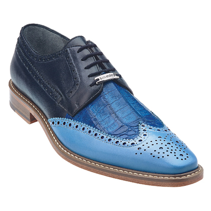 Belvedere Ciro Crocodile & Calfskin Wingtip Shoes Light Blue / Ocean / Navy