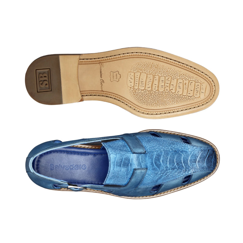 Belvedere Connors Ostrich & Calf Sandals Antique Ocean Blue