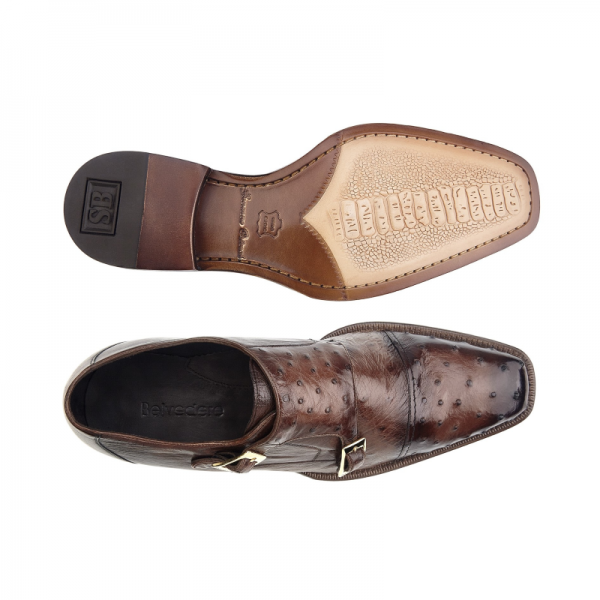 Belvedere Cotto Ostrich Double Monk Strap Shoes Antique Brown