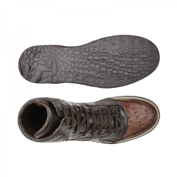Belvedere Damian Ostrich & Calfskin High Top Sneakers Chocolate