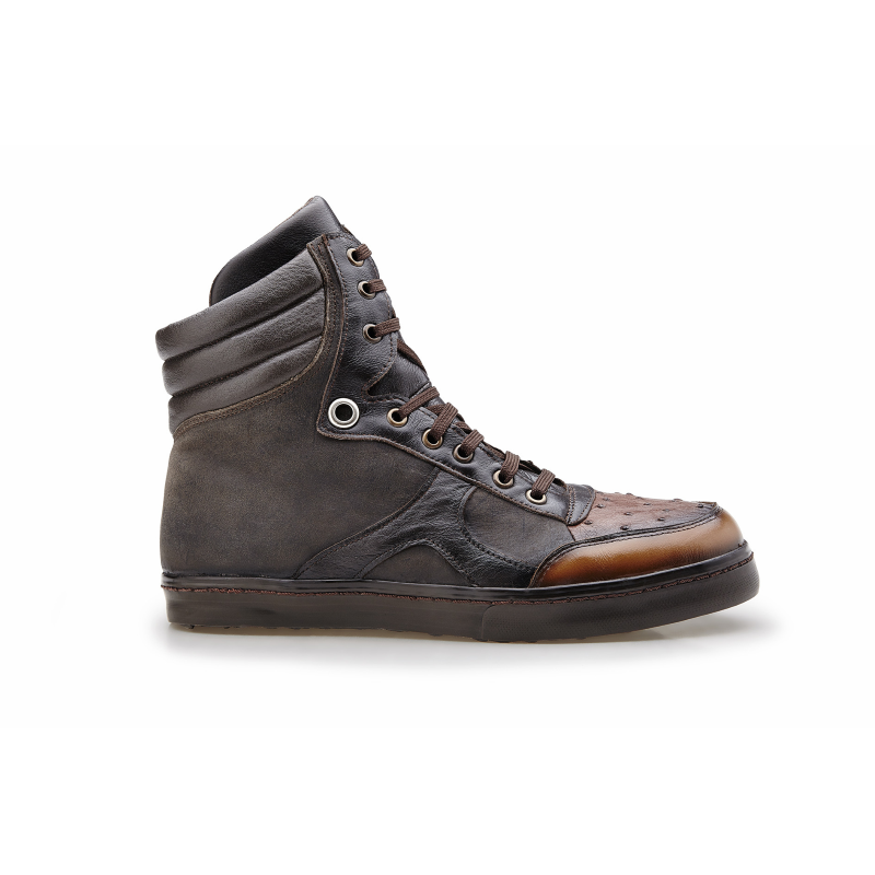 Belvedere Damian Ostrich & Calfskin High Top Sneakers Chocolate