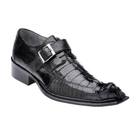 Belvedere Ebano Hornback & Ostrich Monk Strap Shoes Black
