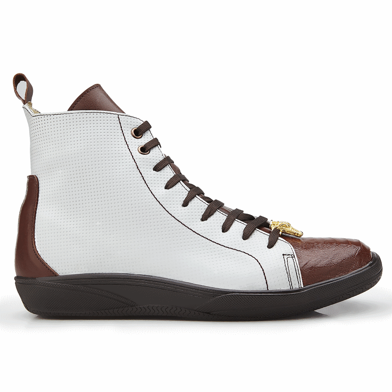 Belvedere Elio Calfskin & Ostrich High Top Sneakers Cognac / White