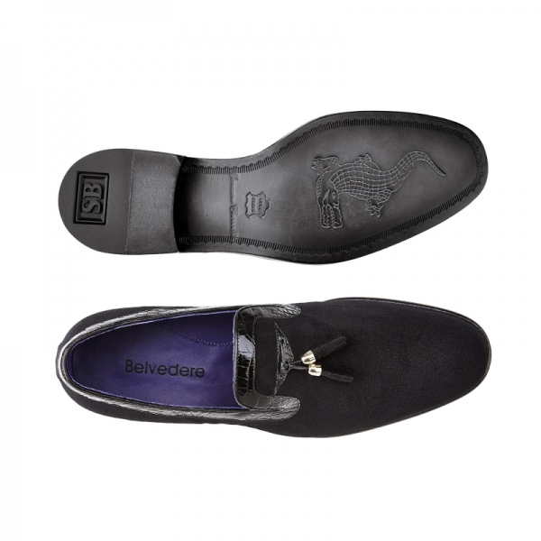 Belvedere Ernesto Velvet & Crocodile Tassel Loafers Black