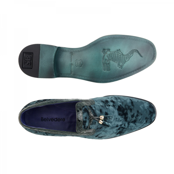 Belvedere Ernesto Velvet & Crocodile Tassel Loafers Emerald