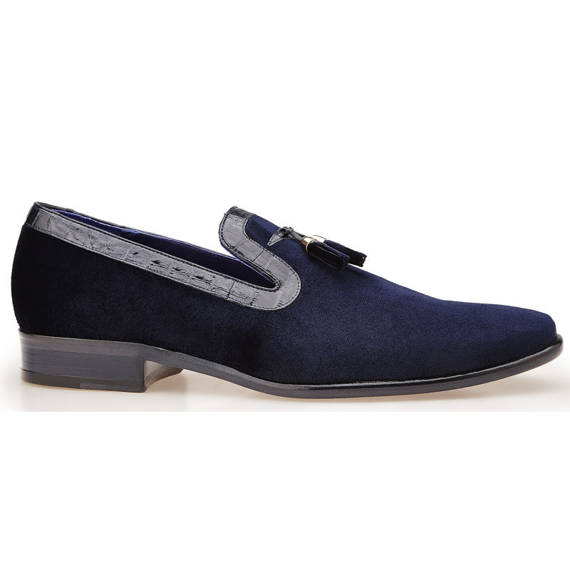 Belvedere Ernesto Velvet & Crocodile Tassel Loafers Navy Blue