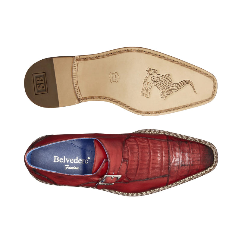 Belvedere Falcon Caiman & Calf Monk Strap Shoes Antique Cherry
