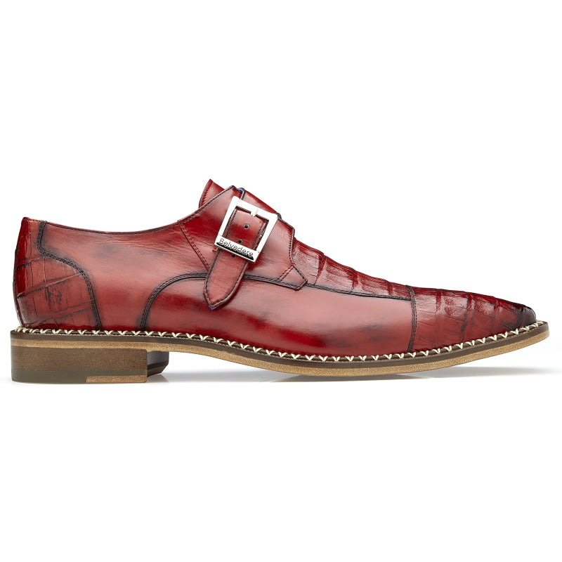 Belvedere Falcon Caiman & Calf Monk Strap Shoes Antique Cherry