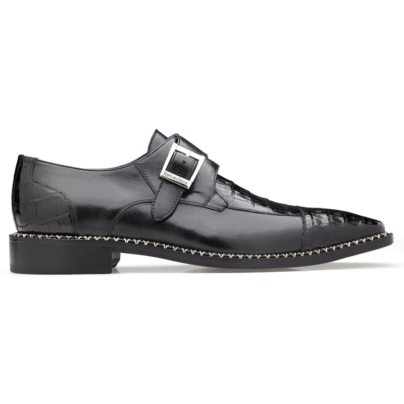 Belvedere Falcon Caiman & Calf Monk Strap Black