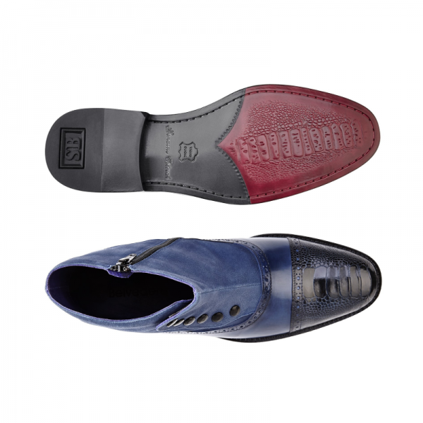 Belvedere Filipo Ostrich & Calfskin Cap Toe Boots Navy