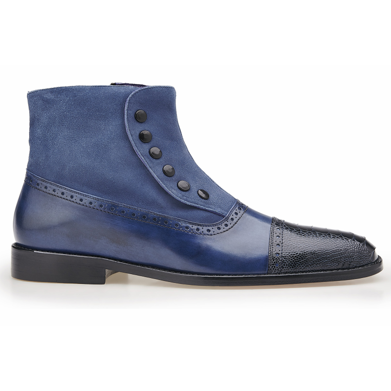Belvedere Filipo Ostrich & Calfskin Cap Toe Boots Navy