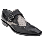 Belvedere Furio Ostrich & Calfskin Wingtip Monk Strap Shoes Black/Light Gray