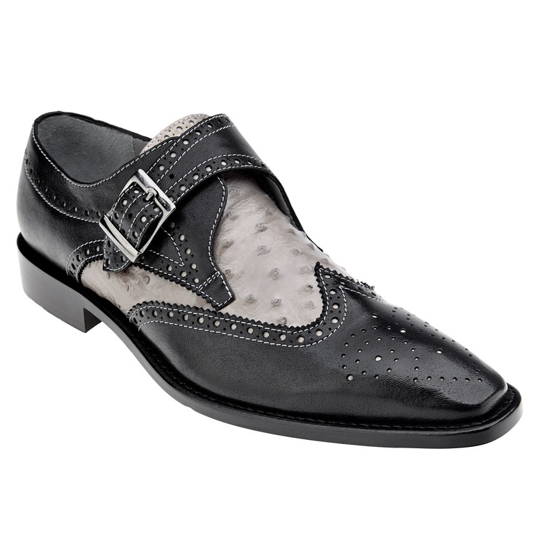 Belvedere Furio Ostrich & Calfskin Wingtip Monk Strap Shoes Black/Light Gray