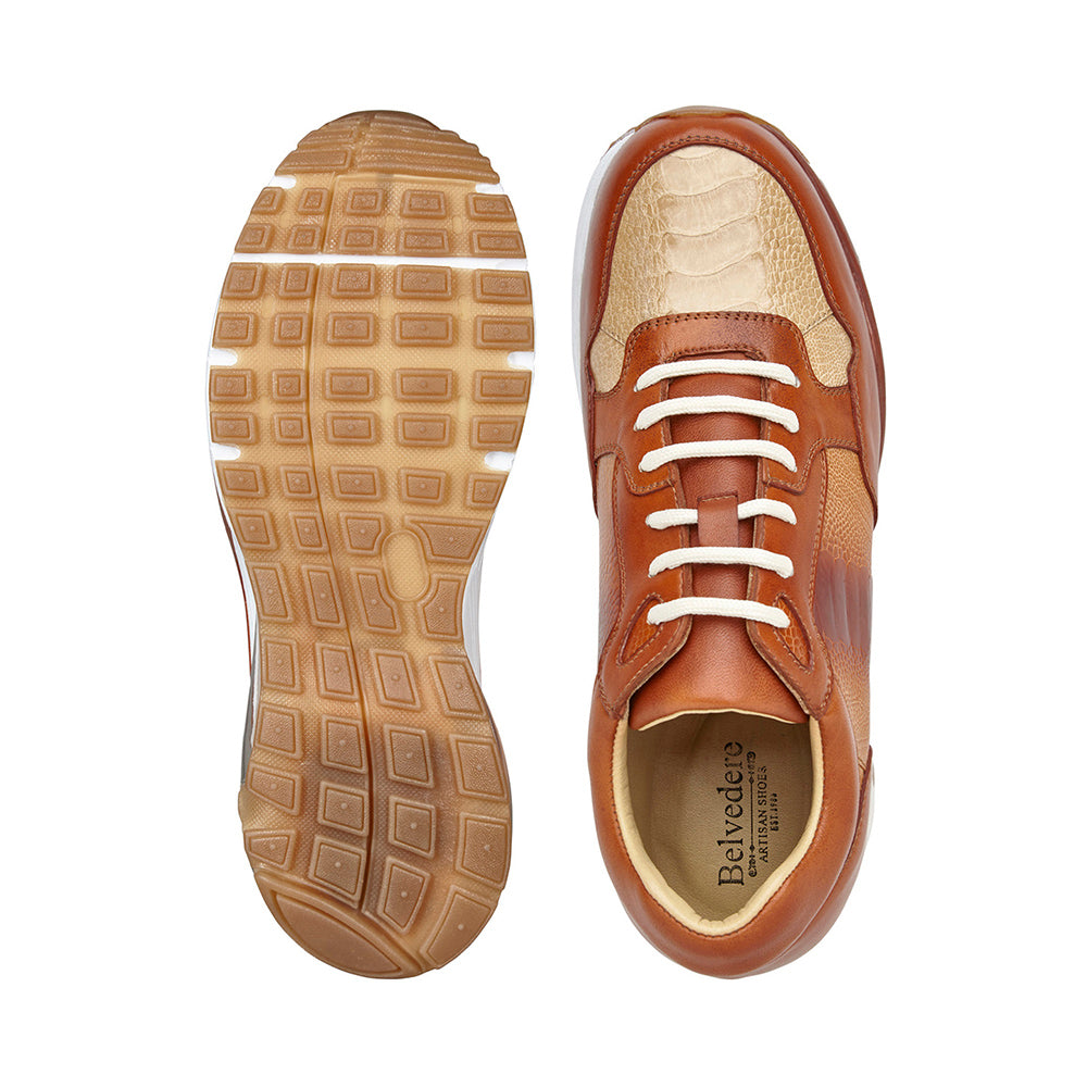Belvedere Gino Genuine Ostrich/ Soft Italian Calfskin Sneakers Brandy/Bone