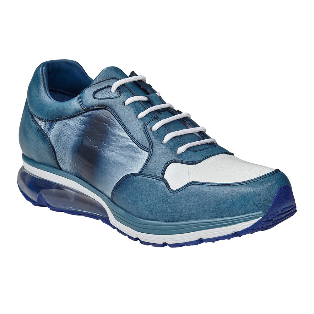 Belvedere Gino Genuine Ostrich/ Soft Italian Calfskin Sneakers Carabian Blue/White
