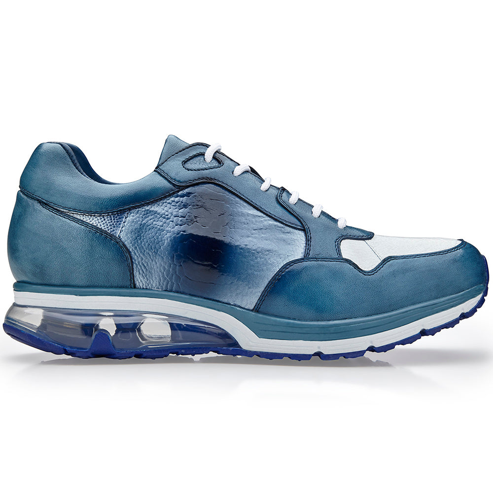 Belvedere Gino Genuine Ostrich/ Soft Italian Calfskin Sneakers Carabian Blue/White