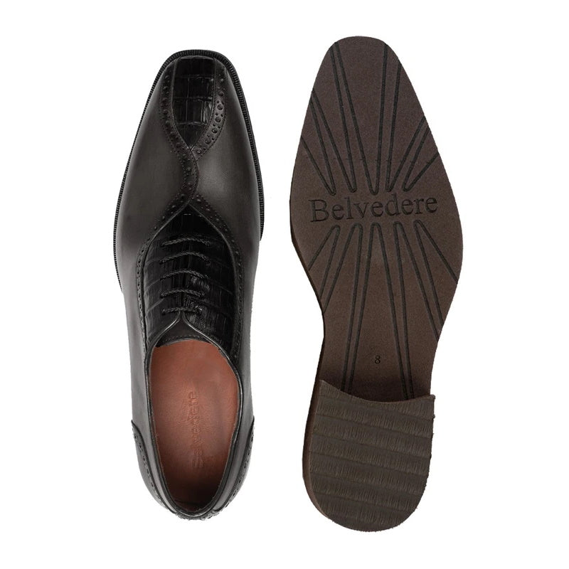 Belvedere Grant Caiman & Calfskin Oxfords Charcoal Black