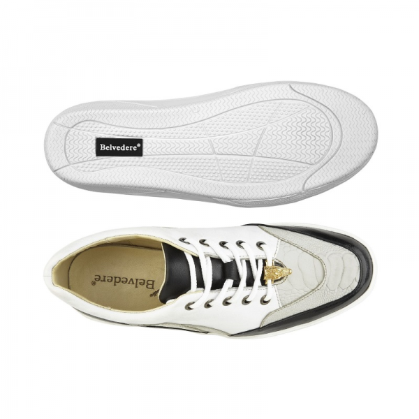 Belvedere Irvin Ostrich & Calfskin Sneakers Black / Pearl / White