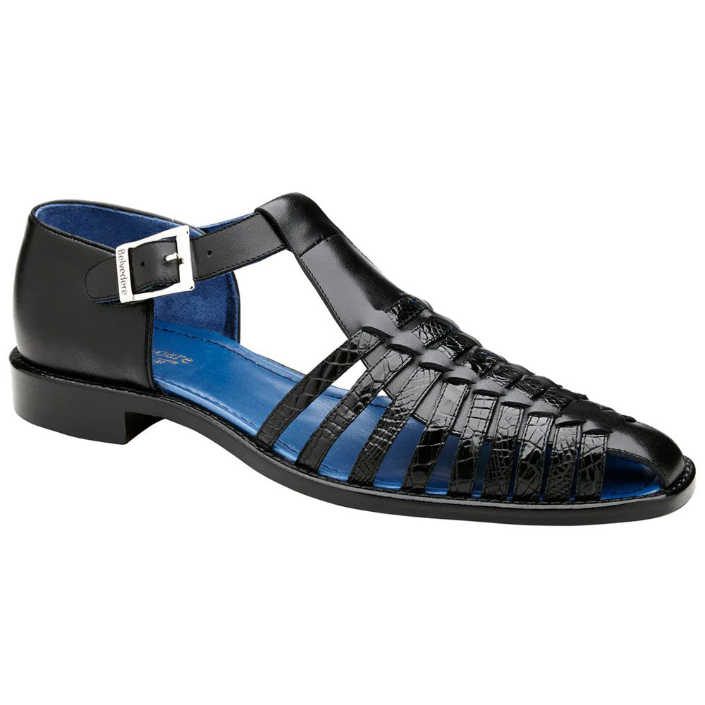 Belvedere Mario Genuine Alligator / Italian Leather Sandals Black