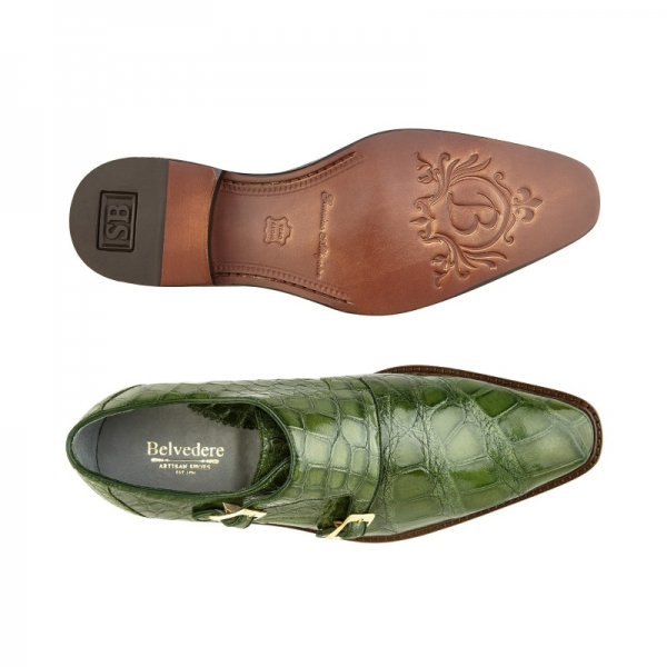 Belvedere Oscar Alligator Double Monk Strap Shoes Pistachio
