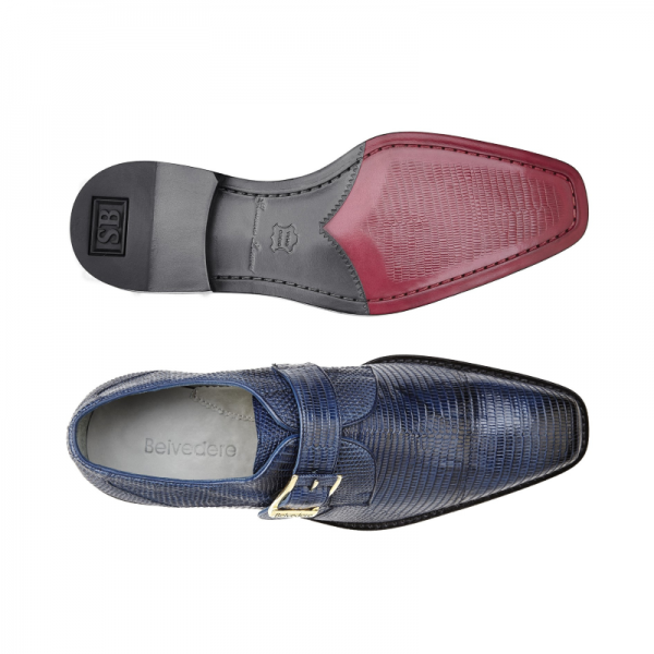 Belvedere Otto Lizard Monk Strap Shoes Antique Navy