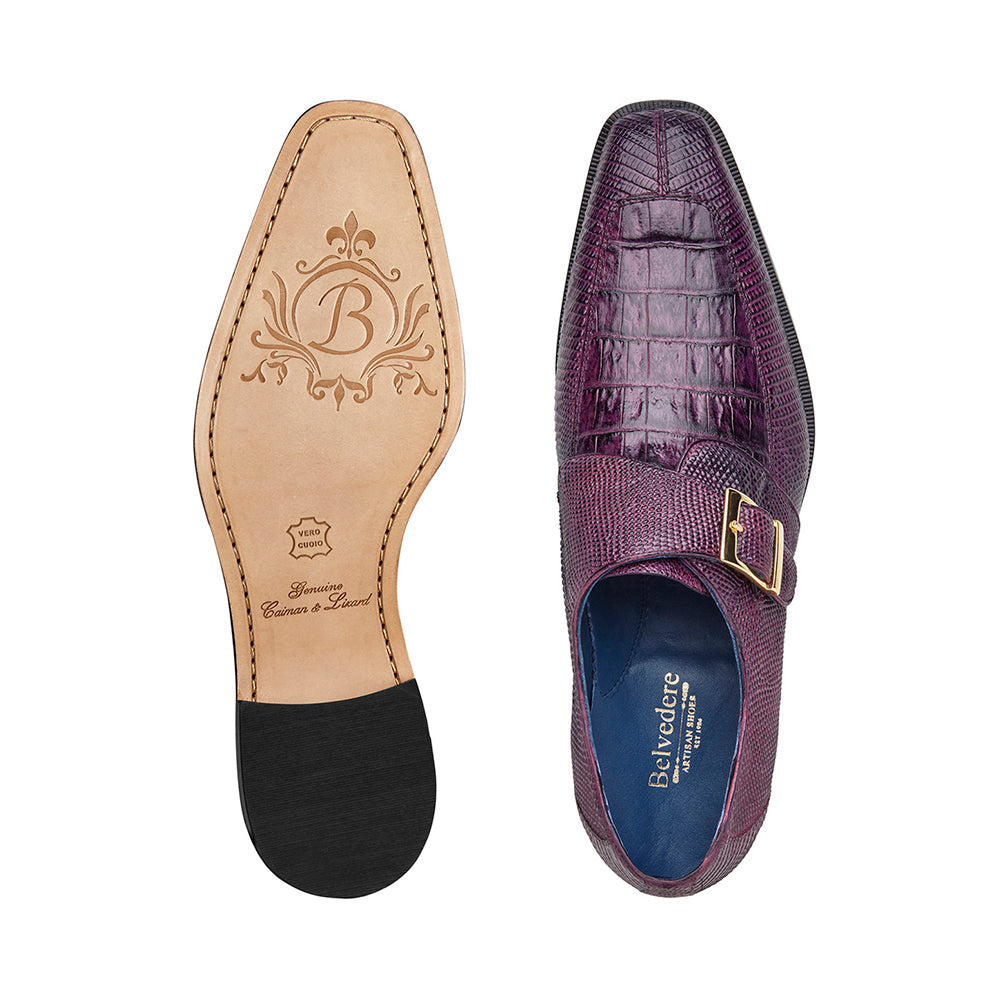 Belvedere Pablo Genuine Caiman / Lizard Monkstrap Shoes Antique Purple