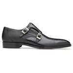Belvedere Pablo Lizard & Ostrich Monk Strap Shoes Black