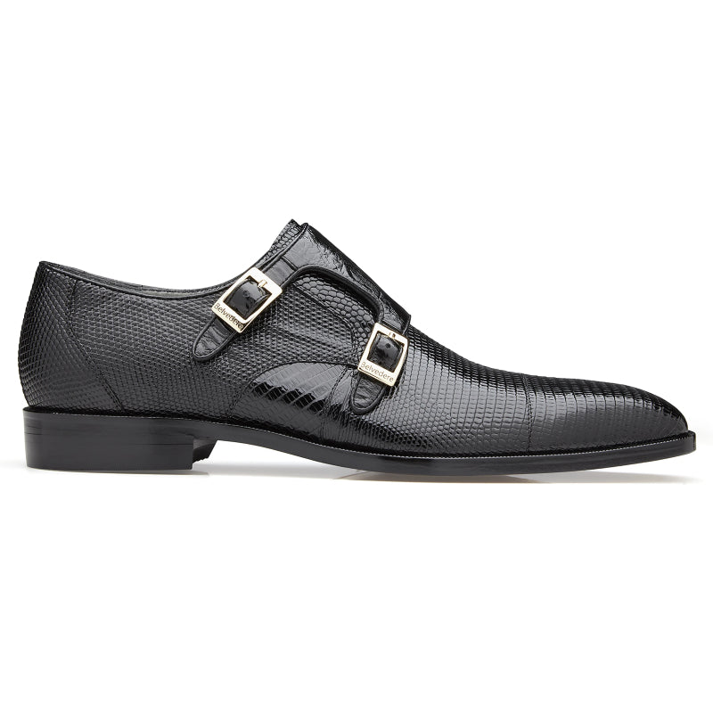Belvedere Pablo Lizard & Ostrich Monk Strap Shoes Black