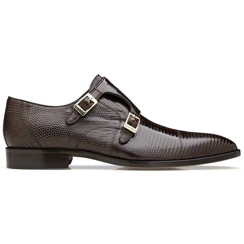 Belvedere Pablo Lizard & Ostrich Monk Strap Shoes Brown
