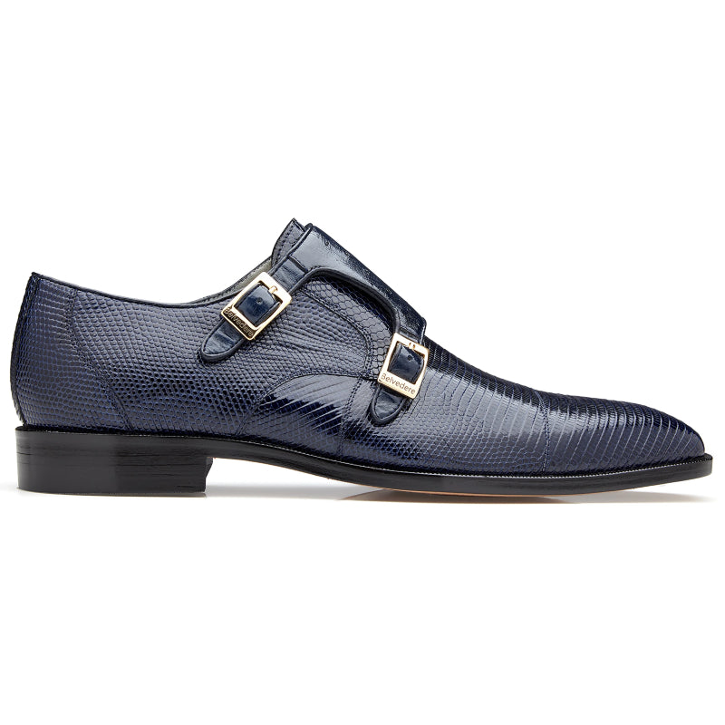Belvedere Pablo Lizard & Ostrich Monk Strap Shoes Navy