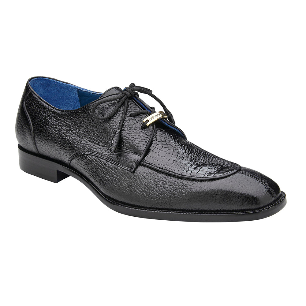 Belvedere Primo Genuine American Alligator / Pebble Grain Calfskin Shoes Black