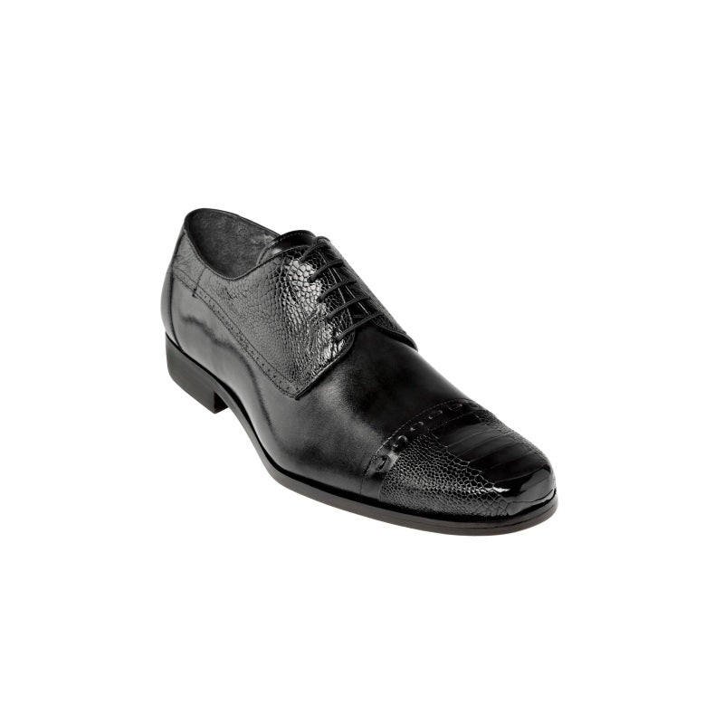 Belvedere Primo Ostrich & Calfskin Cap Toe Shoes Black