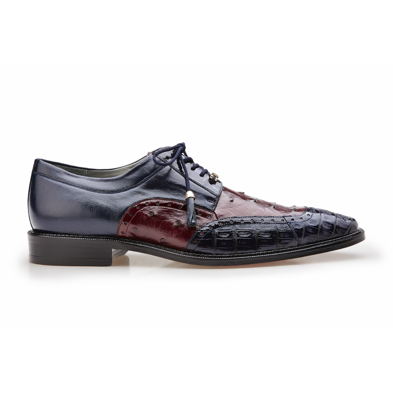 Belvedere Roberto Ostrich & Crocodile Derby Shoes Navy / Dark Wine
